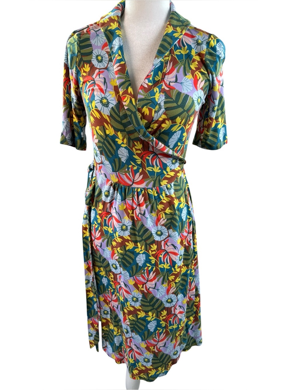Boden Lavinia Jersey Wrap Dress Red Oak/Safari Palm Tropical Floral‎ Print Sz 8